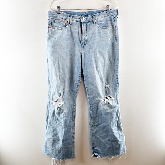 GAP '70s High Rise Distressed Split Hem Flare Jeans Light Wash Blue 33 / 16 - Picture 3 of 6